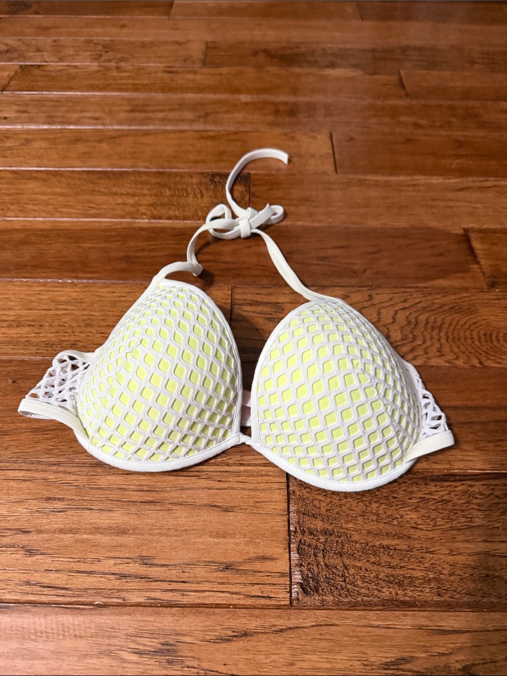 Victoria's Secret White and Neon Yellow Bikini Top